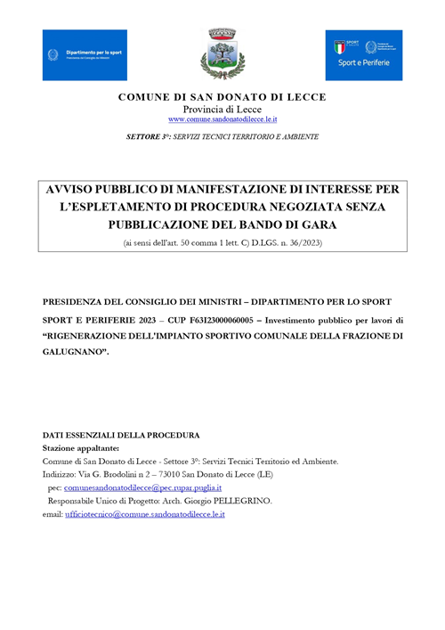 Avviso pubblico di manifestazione di interesse per l'affidamento dei lavori di "Rigenerazione dell'impianto sportivo comunale della frazione di Galugnano" mediante procedura negoziata senza bando ai sensi dell'art. 50 comma 1 lett. c) D.Lgs. n. 36/2023