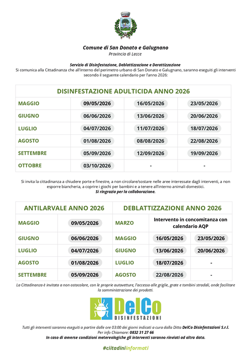 Calendario interventi di disinfestazione 2026