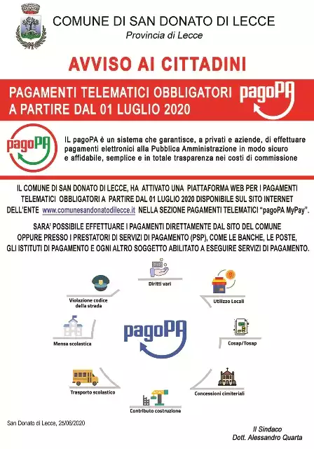 Pagamenti telematici obbligatori PagoPa a partire dal 1° luglio 2020